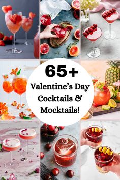 valentine's day cocktails and mockles with text overlay that reads 65 + valentine's day cocktails & mockles