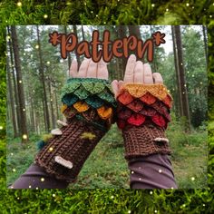 a woman's hand wearing knitted gloves with ruffles in the woods