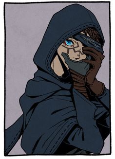 a drawing of a man with blue eyes and a hood on holding his hands to his face