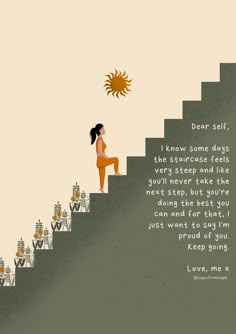 a woman sitting on top of a set of stairs next to a sun above her head