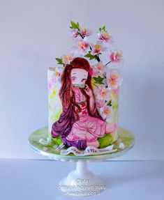 9th Birthday Cake, Demon Slayer Nezuko, Teen Cakes, Candy Birthday Cakes, Painted Cake, Wafer Paper Flowers, Hand Painted Cakes, Kawaii Cooking