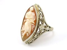 Art Deco 14K White Gold Figural Shell Cameo Ring/1920's  - 1930's Ring/Filigree Cameo Ring Fine Jewe Antique Carved Wedding Rings, Victorian Carved Wedding Rings, Art Deco Cameo Ring For Collectors, Art Deco Cameo Ring Collectible, Art Deco Cameo Collectible Rings, Vintage Oval Carved Filigree Ring, Vintage Cameo Rings For Wedding, Antique Carved Filigree Ring For Wedding, Art Deco Carved Rings For Wedding