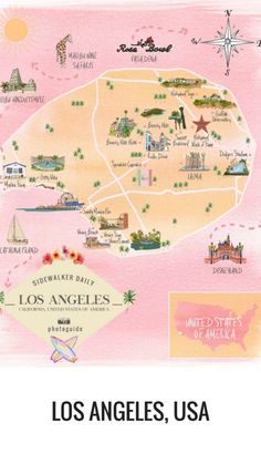 an illustrated map of los angeles, california with the names and locations in pink ink