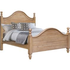 the bed is made with wood and has two pillows on it's headboard