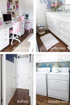 four pictures show different rooms with white furniture and accessories, including washer, dryer, laundry area