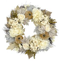 a wreath with flowers and leaves on it