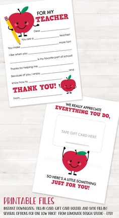 two teacher appreciation cards with the words thank you, and an apple on top of them