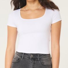 Hollister Square-Neck Baby Tee White Seamless Fabric 36-37” Chest Hollister Square Neck Top, Basic Everyday Seamless Crop Top, Summer Cotton Tops With Seamless Construction, Cotton Top With Seamless Construction For Spring, Seamless Cotton Top For Spring, Seamless Cotton Tops For Summer, Seamless Tops For Everyday Spring Wear, Seamless Cropped Summer T-shirt, Seamless Cropped T-shirt For Summer