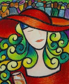 a drawing of a woman wearing a red hat