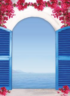 an open window with blue shutters and pink flowers