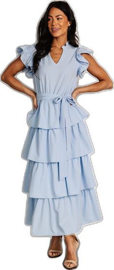 Blue Ruffled Tiered Midi Dress, Light Blue Tiered Midi Dress, Light Blue Tiered Midi Dress For Brunch, Blue Tiered Midi Dress With Ruffle Hem, Blue Midi Dress With Ruffle Hem And Tiered Skirt, Blue Midi Dress With Ruffle Hem And Sleeves, Dress Light Blue, 70 Dress, Feminine Look