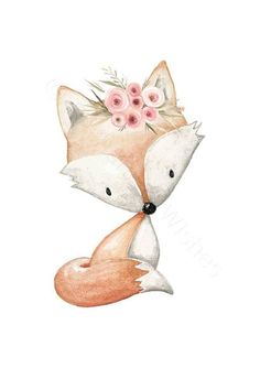 a watercolor painting of a fox with flowers on its head