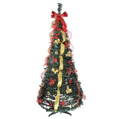 a decorated christmas tree with red and gold ribbons on it's top, against a white background