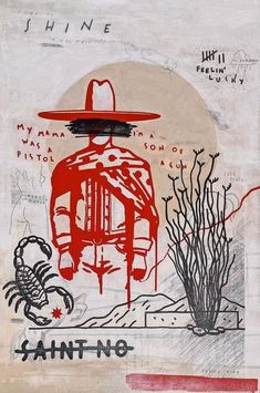 an abstract painting with red ink on white paper, depicting a man in a hat