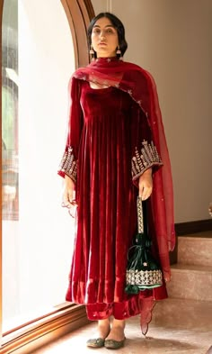 Anarkali With Palazzo, Velvet Pakistani Dress, Velvet Dresses Outfit, Velvet Anarkali, Velvet Suit Design, Eastern Wear, Indian Wedding Fashion, Nikkah Dress, Velvet Dress Designs