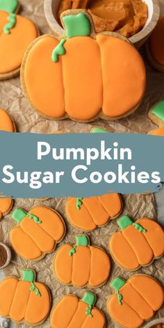 pumpkin sugar cookies with green frosting on top