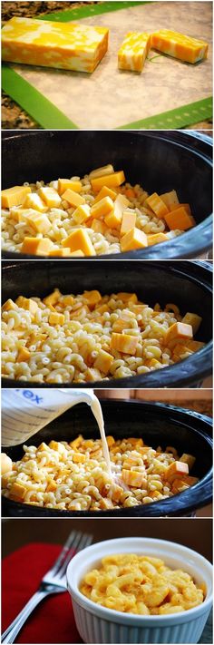 the process of making macaroni and cheese casserole is shown in pictures