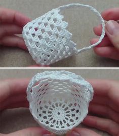 two pictures showing how to make a crochet basket