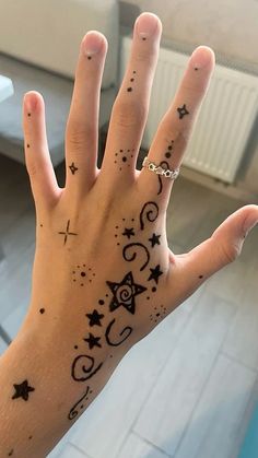 a person's hand with black ink on it and stars around the palm,