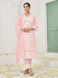 Pink Cotton Pant Suit with Lakhanvi Style Boring Embroidery  Processing Time : 7 Business Days Work : Lakhanvi Style Boring Embroidery  Fabric:Top : Cotton Bottom : Cotton Dupatta : Chinon Color:Top : Pink Bottom : Pink Dupatta : Pink Indian Lengha, Dori Embroidery, Patiyala Dress, Bridal Lengha, Chanderi Dupatta, Lehenga Suit, Straight Cut Pants, Angel Sleeves, Pink Bottom