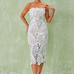 Brand New! Elegant Sheath Strapless Dress For Spring, Chic White Strapless Dress For Garden Party, Chic Strapless Dress For Garden Party, Chic Sheath Midi Dress For Garden Party, Elegant Strapless Dress For Spring Brunch, Elegant White Strapless Dress For Brunch, Elegant Sheath Mini Dress For Garden Party, White Dress Aesthetic, White Beaded Dress