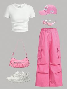 Spring And Summer Casual Solid Color Short-Sleeved Tight T-Shirt And Cargo Pants Two-Piece Set, Women Cruise Outfit Hot Pink Casual    Plain  Non-Stretch  Women Clothing, size features are:Bust: ,Length: ,Sleeve Length: Cute Middle School Outfits, Cruise Outfits, Traje Casual