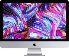 an apple computer with colorful swirls on the screen and bottom half is turned on