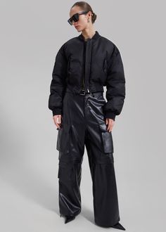 Houghton Cropped Bomber - Black – The Frankie Shop Black Techwear Outerwear With Patch Pockets, Black Utility Outerwear With Cargo Pockets, Black Utility Outerwear For Work, Black Outerwear With Multiple Pockets For Work, Black Padded Collar Outerwear For Work, Cropped Bomberjack Outfit, Frankie Shop, Duck Down, Flap Pocket