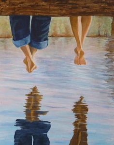 two people standing on a dock over water with their feet in the water and one person's reflection