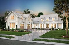 this is an artist's rendering of the front elevation of these farmhouse house plans