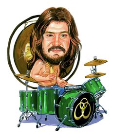 a man with long hair and beard sitting behind a green drum kit on top of a white background