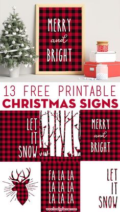 christmas signs with the words merry and bright in red, black and white on them