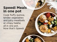 two white bowls filled with food on top of a wooden table