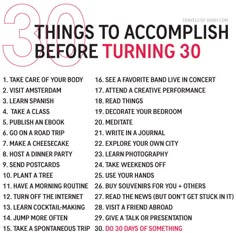 a poster with the words 30 things to accomplish before turning 30 in red and white