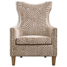 a zebra print chair with wooden legs and an upholstered back, on a white background