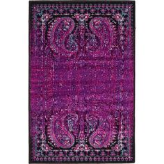 purple and black rug with paisley pattern on the bottom, in front of a white background