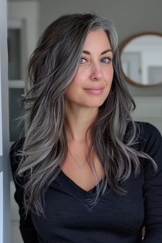 Stunning Salt and Pepper Hair Inspo for Women of All Ages - Flo's Blog Grey Biolage Hair, Youthful Grey Hair, Gray Hair Under 40, Salt And Pepper Balayage, Dark Hair Grey Blending, Grey Blending Dark Hair, Salt N Pepper Hair, Balayage Grey, Grey Hair Long