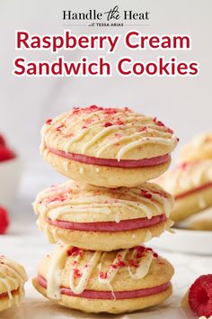 raspberry cream sandwich cookies stacked on top of each other with the title overlay