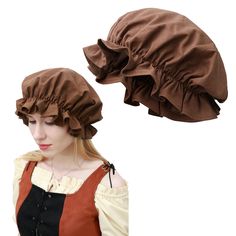 PRICES MAY VARY. Package Includes: Medieval Cap for women *1, aviailable in 4 colors, beige/black/brown/darked. Adjustable Size: Bonnet hat with elastic band in the middle, one size fit most people with head circumference 19.68"-23.62" (50cm-60cm). Material: This night cap with ruffle brim is made of quality linen which is very soft and skin-friendly, can be wear as a decent medieval hat. Occasions: Great for women's colonial pioneer cosplay, ren faire costume, victoria servant and nurse headwea Victorian Adjustable Cloche Hat, Medieval Hats Women, Brown Victorian Adjustable Hat, 1800s Bonnet, 1880s Bonnet, Medieval Hats, Maid Cosplay, Ren Faire Costume, Bonnet Hat