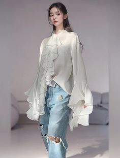 Specifications Leaf Shirt, Classy Dress, Flared Sleeves, White Jeans, Round Neck, Chiffon, White