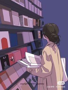 a woman is looking at books in a book store with shelves full of books and magazines