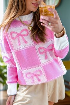 Bow Round Neck Long Sleeve Sweater - Sydney So Sweet Valentines Day Fashion, Sweater Bow, 2025 Style, Unique Bows, Holiday 2024, Loungewear Fashion, Bow Print, Formal Cocktail Dress, Pink Round