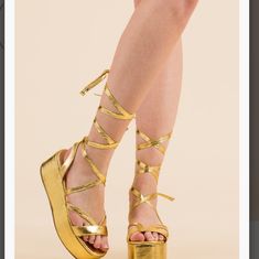 Gold Strappy Platform Size 10 Spring Party Lace-up Wedge Sandals, Summer Party Lace-up Wedge Sandals, Gold Wedge Sandals For Spring Party, Trendy Gold Wedge Sandals For Spring, Gold Platforms, Platform Shoe, Lace Up Flat, Platform Shoes, Size 10