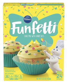 a box of funfetti cupcakes with icing and sprinkles