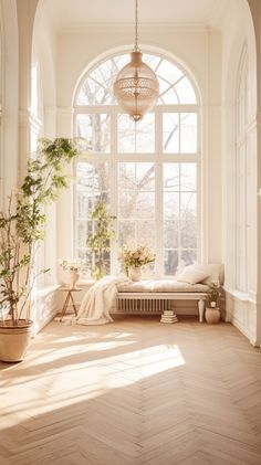 the sun shines through an arched window into a room with wood floors and white walls