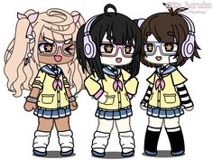 three cartoon girls with headphones and glasses standing next to each other in front of a white