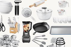 an assortment of kitchen utensils and cooking equipment