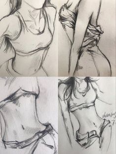 three drawings of women in bikinis and bra tops, one is drawn by hand