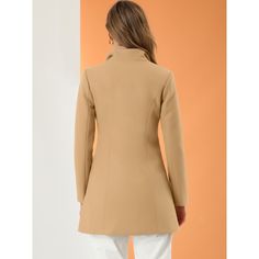 An elegant overcoat covered in a turn-down collar and full placket offers a charming look for day or night. Solid color and a turn-down collar bring casual elegance to a long-sleeved winter coat. Suitable for Casual, Business, Work, Dating, Weekend, Party, and Daily Wear. This classic winter mid-long overcoat is stylish and comfortable to wear, which is an essential overcoat for every modern woman and girl. Perfectly pair it with pants for a warm and business casual look, and style it with a lon Stand Collar Outerwear For Office, Fitted Solid Color Pea Coat, Winter Office Blazer With Collar, Beige Plain Outerwear For Work, Fitted Solid Double-breasted Outerwear, Beige Single-breasted Blazer With Stand Collar, Beige Single Breasted Blazer With Stand Collar, Fitted Beige Pea Coat With Lapel Collar, Beige Fitted Pea Coat With Lapel Collar