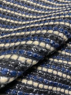 Color: dark navy, blue, off white.Fiber content: 64% wool, 24% polyamide, 3% metallic, 9% cotton.Width: 58” Boiled Wool Fabric, Fabric Textured, Wool Crepe, Chanel Inspired, Cashmere Fabric, Suiting Fabric, Felt Wool, Boucle Jacket, Boiled Wool